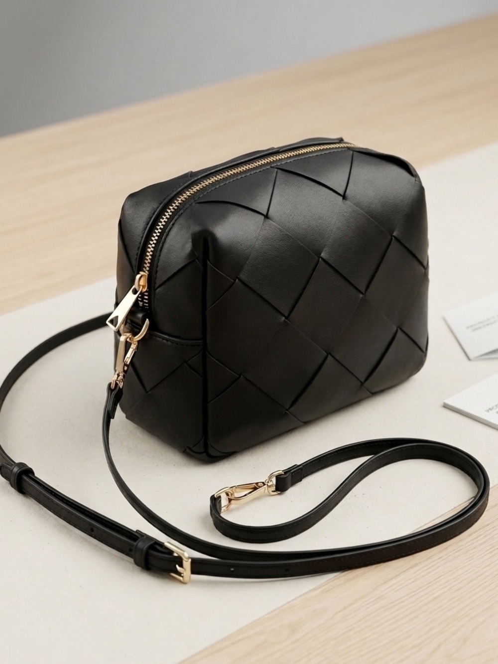 a new day Black Woven Crossbody with Gold Hardware